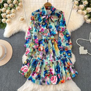 Basic A Line Casual Dresses Summer Holiday Colorful Mini Dress Runway Bow Neck Lantern Sleeve Floral Print Single Breasted Casual Belt Beach Vestidos