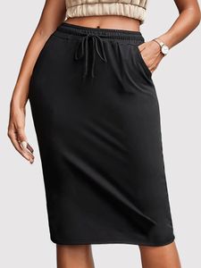 Frauen modische farbene knielange Röcke lässig High Wasit mit Taschen Damen elastische Taillenstiftrock 240419