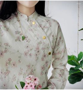 여성용 T 셔츠 꽃의 긴 슬리브 티셔츠 스탠드 넥 슬림 한 고급 리넨 중국어 셔츠 탑 여름 2024 스타일
