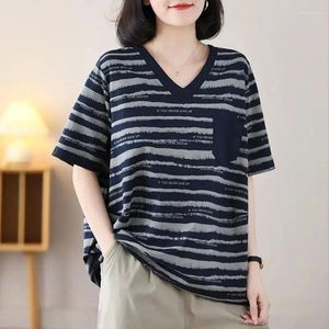 Damen T-Shirts Female Kleidung Casual V-Ausschnitt Pullovers Basic Korean Striped Striped Stilvish Lots Lose Pendelkürzung Kurzarm