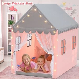 خيمة Princess with Star String Lights Windows Playhouse Kids Reading Game Game Tent كبير الفضاء Castle Christmas Gift 240418