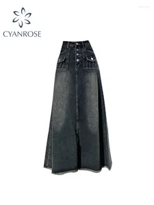 Kjolar kvinnors denim last kjol harajuku koreanska 90-talets avslappnade y2k lång mode vintage a-line jean 2000-tal kläder 2024 hösten