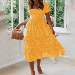 Urban Sexy Dresses Vestidos Vintage Print Puff Sleeves Summer Beach Sweetheart Dress Casual Square Neckline Lace Long Dress Y240420