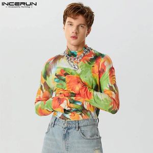 Incerun Tops Moda Men Men Half High Collar Graffiti Color Tshirts Personalidade Casual THIMBLE MANAGEM LONGA TEES S5XL 240409