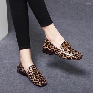 Отсуть обувь Fhanchu 2024 Женщины с низким каблуком модная офисная работа леопардовой проскальзывание на лоферах.