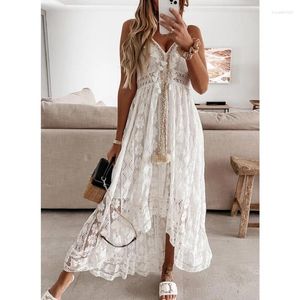 Casual Dresses Summer 2024 Lace Slip Swing Solid Color Long Dress V Neck Sexy Off Shoulder White Eveing Women Maxi