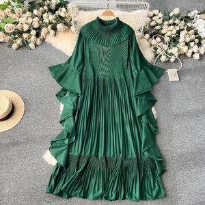 Casual Dresses Banulin Fashon Ruffles Pleated Dress Women's O-Neck Batwing Sleeve Solid Color Big Swing Loose Robe Maxi Vestidos 2024 Spring