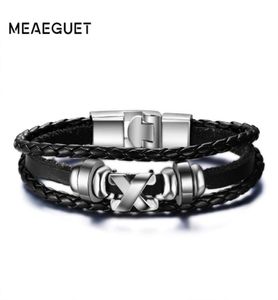 Vantagem Black Color Leather Bracelet Men039S Waist Wave trançado x letras de aço inoxidável Acessórios masculinos Jóias de joalheria9110166