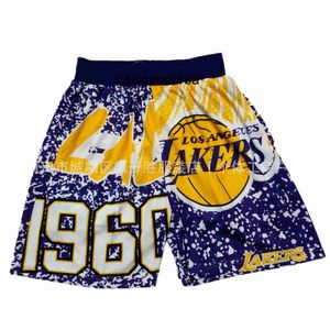 American Lakers Mitchell Nessmn 팀 로고 블루 볼 스포츠 반바지 농구 바지 남성