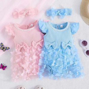 Mädchenkleider 2024 Kinder süße Blumenstrampler 2pc Baby Girls Kleidung Jumpsuit Stirnband 0-18m Kleinkind geborene Outfits Kinderkleiderset