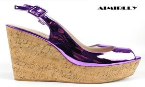 Sandaler Kvinnor Cork Wedge Summer Slingback Metallic Mirror Peep Toe Platform High Heels Shoes Ladies Party Bekväma klackar11642097