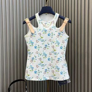 Women new fashion PU leather straps patched sexy o-neck cutout casual designer flower print sweet tank top camis SML