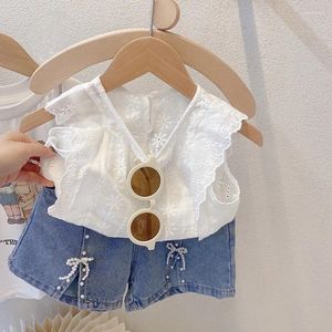 Kläder sätter sommarbarn tjejkläder set 2-7 år småbarn barn ärm spets skjorta toppar båge denim shorts jeans 2 st mode outfits