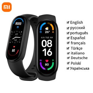 Armbänder Globale Version Xiaomi Mi Band 6 Smart Armband 4 Farb Amoled Screen Miband 6 Smartband Fitnesstrker Sport wasserdichtes Band