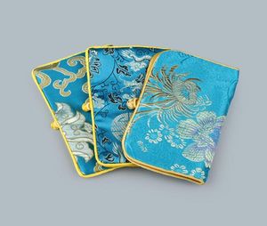 Luxury Floral Portable Folding Jewelry Roll Travel Storage Bag Chinese Style Silk Brocade 2 dragkedja förpackning Pouch1418190