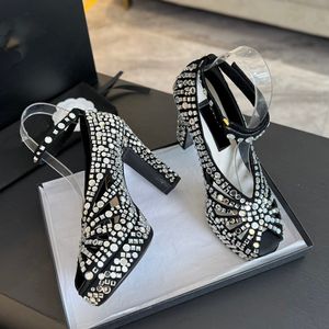 Luxury Pumps Women Designer High Chunky Heel Rhinestone Sparkly Sandals Deerskin Peep Toes Slingbacks Mules Slip On Loafers Genuine Leather 100% Sandal Buckle Strap