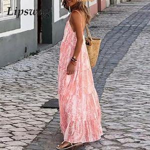 Bohemian Loose Sleeveless Strap Dresses Summer Double U Backless Big Hem Maxi Dress Elegant Pattern Printed Women 240417