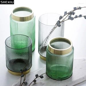 Vases Gold-plated Vertical Lines Glass Vase Hydroponics Flower Pots Desk Decoration Artificial Flowers Floral Modern Home Decor