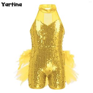 Stage Wear Girls Girls Mock pescoço lantejoulas jazz latino baile performance costume bailarina tutu collant short unitário macacão