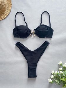 Kadın Mayo Seksi Metal Yüzük Kırışmış Binek Bikini Kadın Mayo İki Parça Set Bater Mayo Takım K5232