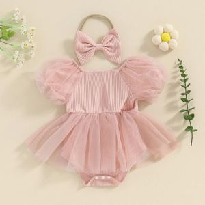 Rompers Princess Baby Party Ubrania dla dziewcząt Summer Romper Dress Cute Short Puff Rleeve Patchwork z niemowlęciem opaski na głowę