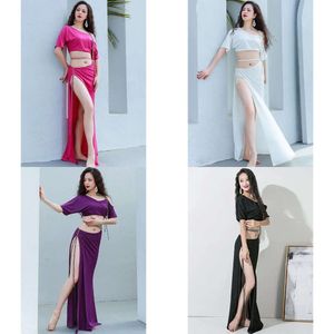 Wear Stage Women Belly Dance Costume French Short Sleeves Cut Out Shoulder Diamond Chain Skirts Practice Performance Dancewear wear