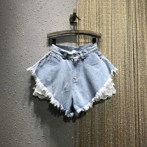 Женские шорты Новые женские джинсовые шорты джинсы Feminino Summer Wide Wem Wome Ship Shorts Tassel Кружевая женская ткань Pantnes Fashion Strtwear Y240420