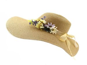 2019 ورقة الصيف قش كبير على نطاق واسع القبعات الأزهار تزيين النساء الفتيات شاطئ sunbonnet قابلة للطي أنثى topee sunhat4572027