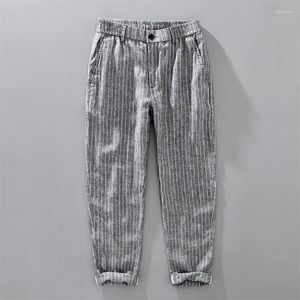 Men's Pants Linen Striped For Men Summer Fashion Elastic Waist Japan Style Simple Casual Slim Thin Ankle Length Trousers