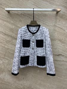 Women's Jackets 2024 Spring Summer Contrast Color Multi Pocket Plaid Woven Round Neck Tweed Loose Long Sleeve Jacket Woman Coat Cardigan