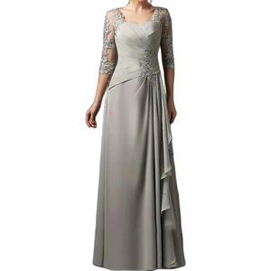 Elegante lange Chiffon-Spitzenmutter der Braut Kleider a-line Tüll Silber Godmutter Kleider formelle Partykleid Falten La Madre del Vestido de Novia Frauen Kleider