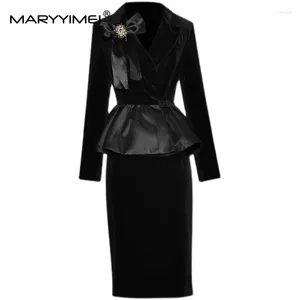 Work Dresses MARYYIMEI Designer Winter Skirts Suit Women Notched Bow Beading Long Sleeve Ruffle Top Black Velvet Two Pieces Set