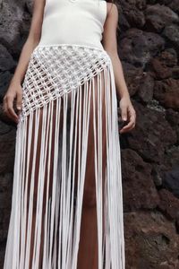 Beachapche Hand Crochet Tassel Maxi Saias Mulheres Moda Sexy Lado High Split Knit