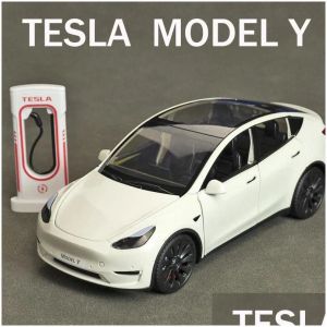 Bilar diecast modell bilar 1 24 tesla y 3 s legering die gjuten leksak bil ljud och lätta barn samlarobjekt födelsedagspresent 231030 droppe leverans