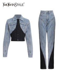 Twotwinstyle hit color patchwork denim a due pezzi set da donna giacca per maniche lunghe giacca femmina pantaloni a matita a vita alta jeans 240408