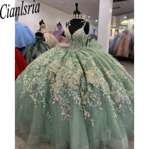 Mint Green Sequined Appliques Beading Shiny Crystal Ball Hown Quinceanera платья спагетти ремня корсет vestidos de 15 anos