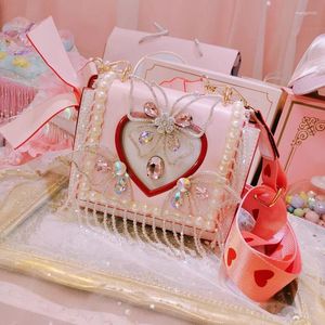 Torby na ramię sprężyna ręcznie robiona diamentowa frędzla motyl brzoskwiniowe serce różowy słodka torba kosmetyczna przenośna sukienka bankietowa