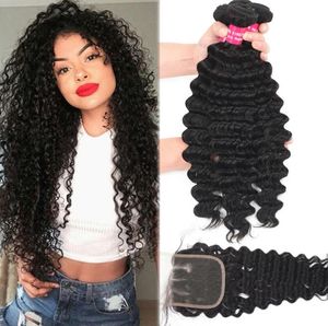 9a Brazylijska głębokie fali Virgin Hair 3 wiązki z zamknięciem 100 nieprzetworzona peruwiańska głęboka fala Kinky Curly Loose Deep Ciało Human HA1505564