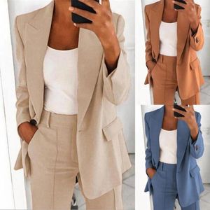 Calças de duas peças femininas de terno elegante casaco falso bolsos de ponta de capa top top cor de cor comprida de cor comprida Blazer