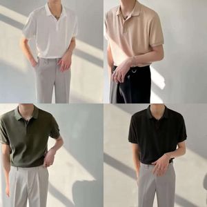 Solid sommarfärg randig kortärmad skjorta, mäns trendiga varumärke lös design, nisch topp polo tröja