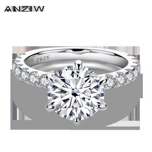 ANZIW 925 Sterling Silver 4CT Round Cut Ring for Women 6 Prongs Simulated Diamond Engagement Wedding Band Ring Jewelry257j