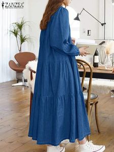 Zanzea джинсовые платья Женщины мода V-образные сплошные одеяния корейская рукав vestidos случайная осень негабаритная 240417