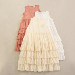 Casual Dresses Spring Summer Mori Girl Women Round Neck Sleeveless Cake Dress Solid Color Loose Female Kawaii Cotton Z034