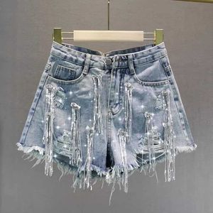 Women's Shorts Blue Heavy Sequins Tassel Denim Shorts Womens Strtwear 2023 Summer New Korean Hole Trend Pants Casual Short Jeans Y240420