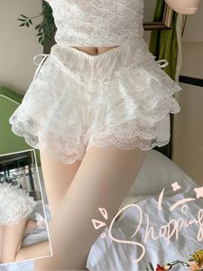 Women's Shorts Sexy Lace Trim Layered Ruffle Bloomers 2024 Lolita Style Mid Waist Bow Knot Decor Frilly Panties Women Solid