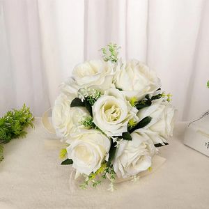 Decorative Flowers Bridal Wedding Bouquet Bridesmaid White Silk Flower Roses Artificial Bride Boutonniere Mariage Decor Accessories