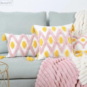 Kissen rosa gelbe handgefertigte geometrische Stickereiabdeckung Tassels Home Decor 45x45 cm/30x50 cm Sofa Kissenbezug