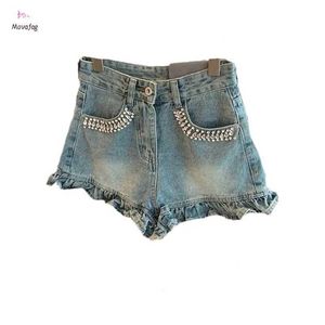 Shorts femininos shorts de jeans alta cintura feminina 2024 nova cor sólida de verão calça slim diamante y240420