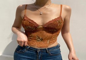 Women039S CAMIS FLORAL Y2K BROWN CROP LACE FRILL COTE CORSET SPAGETTI STRAP SWEATS HARAJUKU TEE WOMEN BEACH VESTS7354416