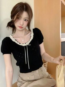 Women's T Shirts Deeptown Korean Style Black Knit T-shirts Women Gyaru Cute Bow Short Sleeve Crop Tops Fairycore Sweet Ruffles Slim Corset